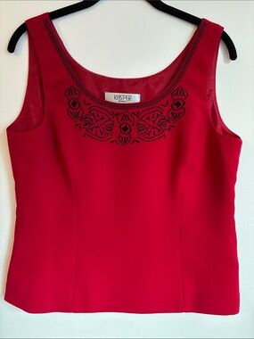 Tailored Kasper Red Sleeveless Scooped Neck Top with Black Embroidery Size M